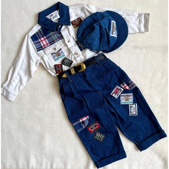 Vintage 90s MGM Kid's Fashion 3-Piece Pants Set Boys 12M Denim Patchwork Belt - Picture 1 of 10